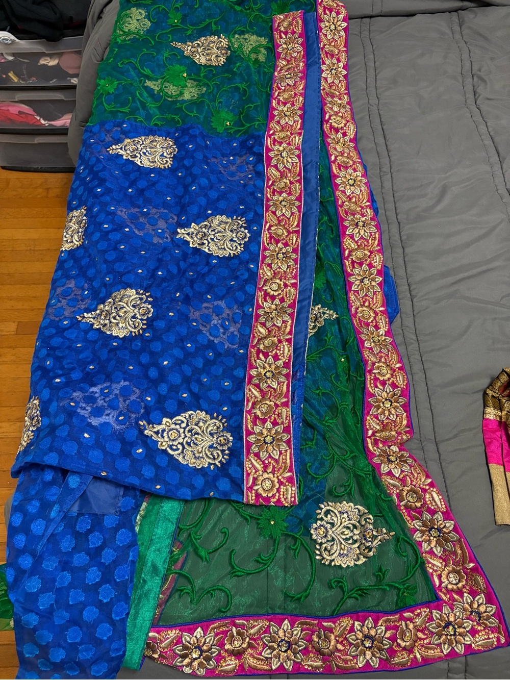 Royal blue and green magenta net saree party wear